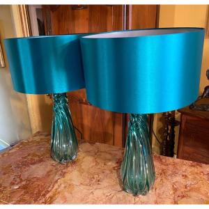 Pair Of Turquoise Lamps In Molded Glass 