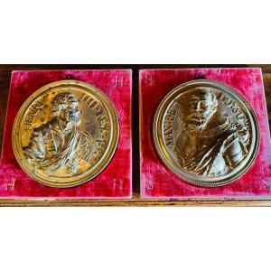 Paire De Grandes Médailles En Bronze Doré, Henri IV Et Sully
