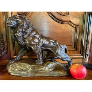 Impressive Terracotta Lion With Two Patinas, Signed 
