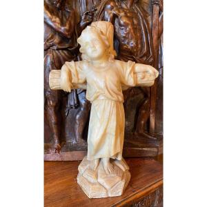 Enfant Jésus Sur La Croix, Charmante Sculpture En Albâtre Du XIX Eme Siècle 