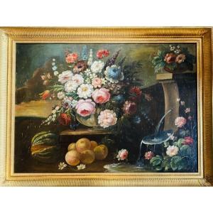 Large Still Life With Floral Arrangement And Fruit Near A Fountain, 19th Century 