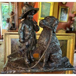 Training, Child With Dog, Large Bronze 19th Century Signed