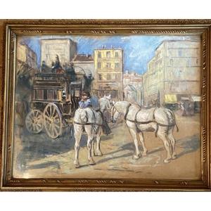 L’omnibus Place Pigalle Au Début Du XX Eme Siècle Par Bertrand Rasmussen, Gouache Rehaussée