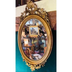 Large Oval Mirror In Wood And Gilded Stucco, Second Half Of The 19th Century 
