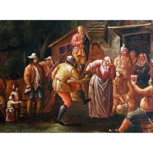 Fête villageoise, huile sur toile du XVIII eme siècle 