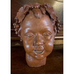Tête De Bacchus Enfant En Terre Cuite XX Eme Siècle