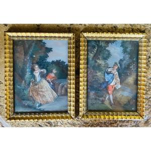 Gallant Scene, Pair Of Reverse Glass Paintings, Augsburg 18th Century 