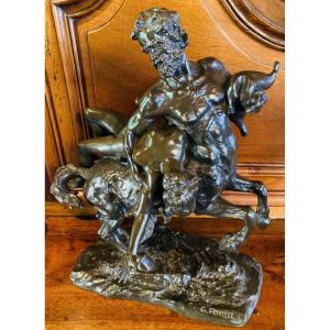 Important Bronze Mythologique : L’enlèvement De Dejanire Par Le Centaure Nessus, Signé Ferrari
