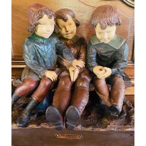 Three Little Girls In Polychrome Terracotta, Entitled "a Project", Signed Salesio