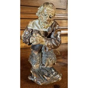 Shepherd In Adoration, Polychrome Terracotta From The 19th Century