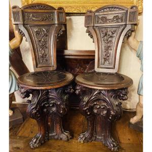 Pair Of Renaissance Style Walnut Or Sgabellis Chairs From The 19th Century