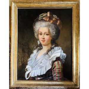 Revolutionary Period, Large Portrait Of A Lady Of Quality In A French Robe From The 18th Century