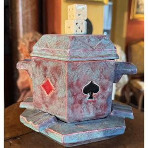 Nécessaire de fumeur Art Déco en faïence émaillée – décor jeu de cartes – vers 1930-1950