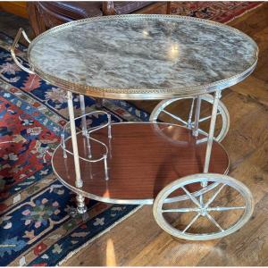 Silver-plated Metal And Marble Sideboard On Wheels, 1960s Regency-style Serving Table