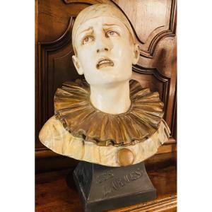 Les Larmes, Large Polychrome Plaster Bust Of Pierrot