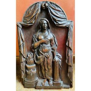 Allégorie de la Charité - Sculpture en chêne en haut relief, ronde-bosse partielle - Travail fr