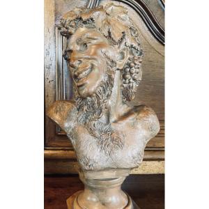 Bust Of A Faun Signed Vallmitjana, 19th Century Terracotta