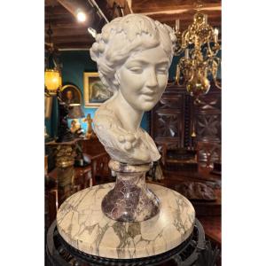 Bust Of Maenad (bacchante) In Carrara Marble Signed F. Lovino - Late 19th Century