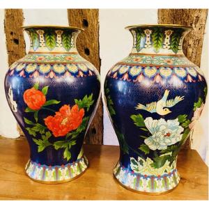 Large Pair Of Cloisonné Peony Vases, China, Early XX® Century