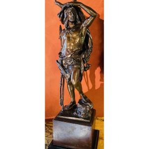 Grand bronze de Paul Ludwig Kowalczewski (1865-1910)« Chasseur préhistorique à l'affût »