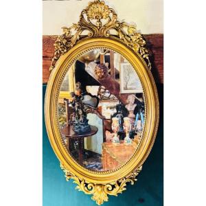19th Century Large Oval Mirror In Wood And Gilded Stucco, Second Half Of The 19th Century -photo-8