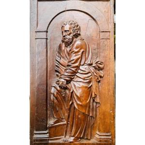 SAINT JOSEPH AU BÂTON FLEURI, BEAU PANNEAU EN NOYER DU XVII EME SIÈCLE