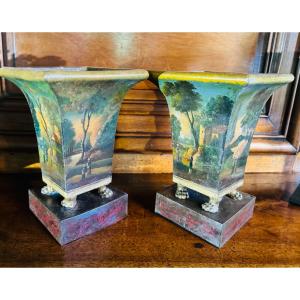 Pair Of Cone-shaped Vases Made Of Painted Sheet Metal From The 19th Century