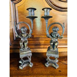 Putti With Hunting Horn, Lamp Holders In Bronze, Late 19th Century