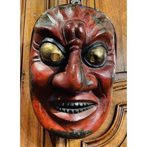 MASQUE DE THÉÂTRE JAPONAIS EN BOIS LAQUÉ, ÉPOQUE TAISHÕ - DÉBUT SHOWA