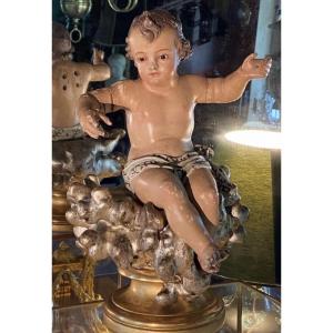 The Infant Jesus In Majesty On Silver Clouds, 18th-century Polychrome Wood