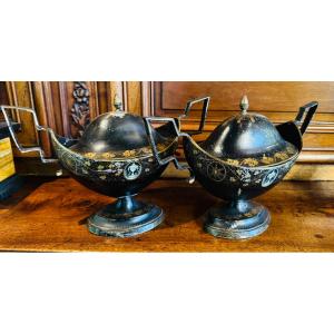 Pair Of Lidded Sheet-metal Cassolettes With Etruscan Decor, Empire Style—first Half