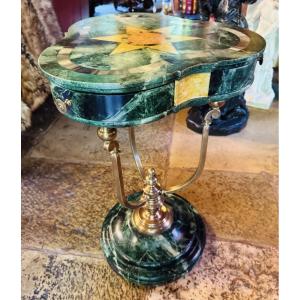 Elegant Three-drawer Trilobed Side Table, With Sea-green Fake Marble Decor – Ca. 1900