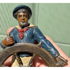 Sailor At The Helm, Polychrome Vienna Bronze Made Using The Pyrogenic Method, Circa 1900