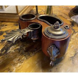 Vintage Louis XV-era Rosewood And Gilded Bronze Inkstand And Candlestick