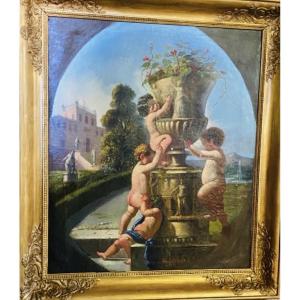 CAPRICE ITALIEN AUX PUTTI ET VASE MÉDICIS, HUILE SUR TOILE SIGNÉE ET DATÉE 1866