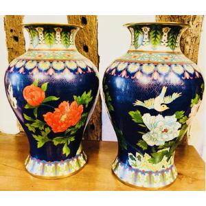 Large Pair Of Chinese Cloisonné Enamel Vases Depicting Peonies And Birds – First Half Of The