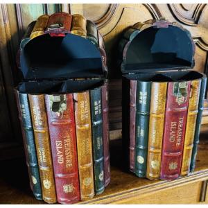 Pair Of Storage Boxes Shaped Like Fake Books - English Library Decor