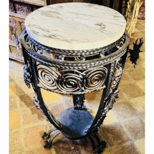 Elegant Wrought-iron Tripod Side Table With Rich Naturalistic Decoration Featuring Grape Clusters And Leaves