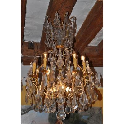 Grand Lustre Cage De Style Louis XV, Bronze Et Pampilles