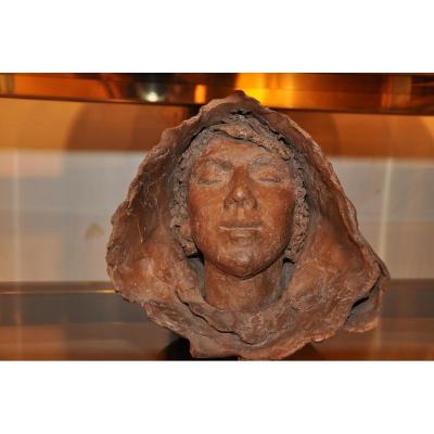 Head Of Young Woman In Hood, Terracotta XXth Century.