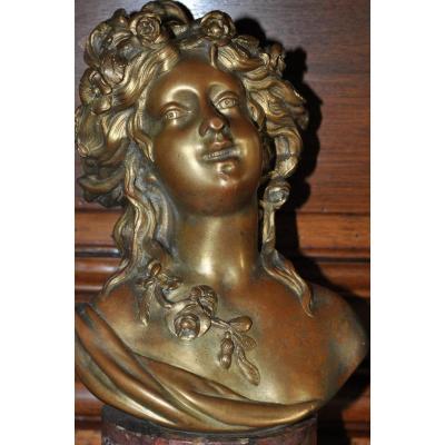Bust Of Flora, Bronze Of XIX's After Clodion, Signed