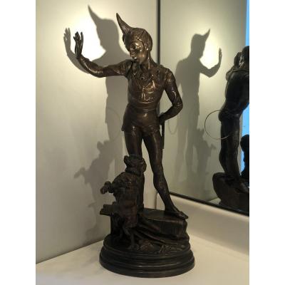 Clown Au Chien Savant, Bronze Du XIXe Siècle Signé Alfred Barye 