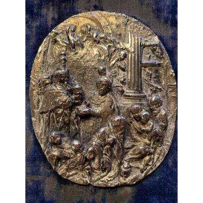 L’épiphanie, Plaque En Bronze Argenté Vers 1950, Valenti