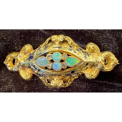 Broche En Or D’époque Napoléon III, Opales Et Diamants 