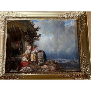 Retour De Pêche, Huile Sur Toile Du XIX Eme Siècle 