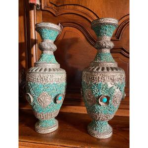 Surprising Pair Of Tibetan Vases Covered With Turquoise End Of XIX Eme Century