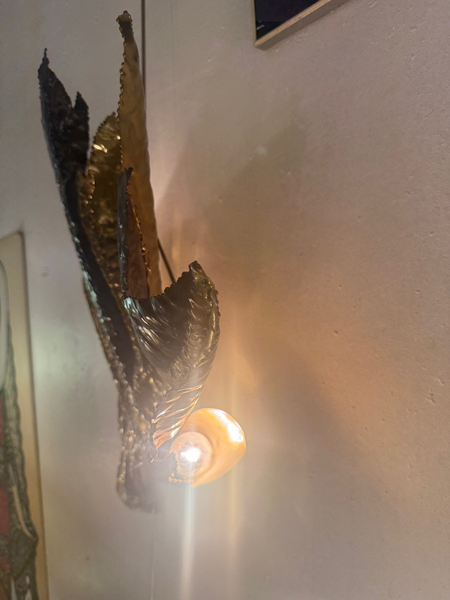 Faure/fernandez/brasseur Patinated Brass Wall Lamp 1970-photo-2
