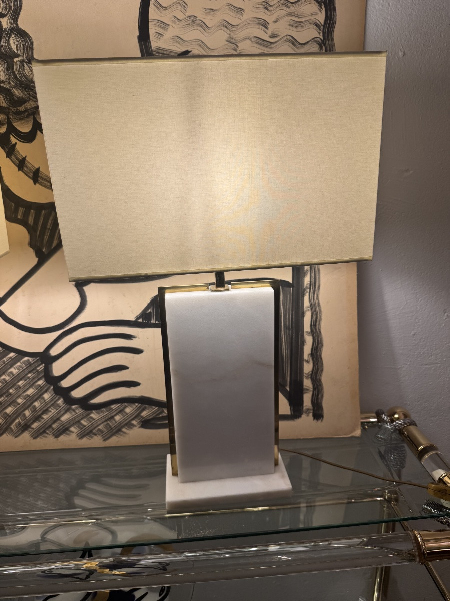 Paire de lampe en marbre blanc et laiton doré par Camille Breesch 1970-photo-3