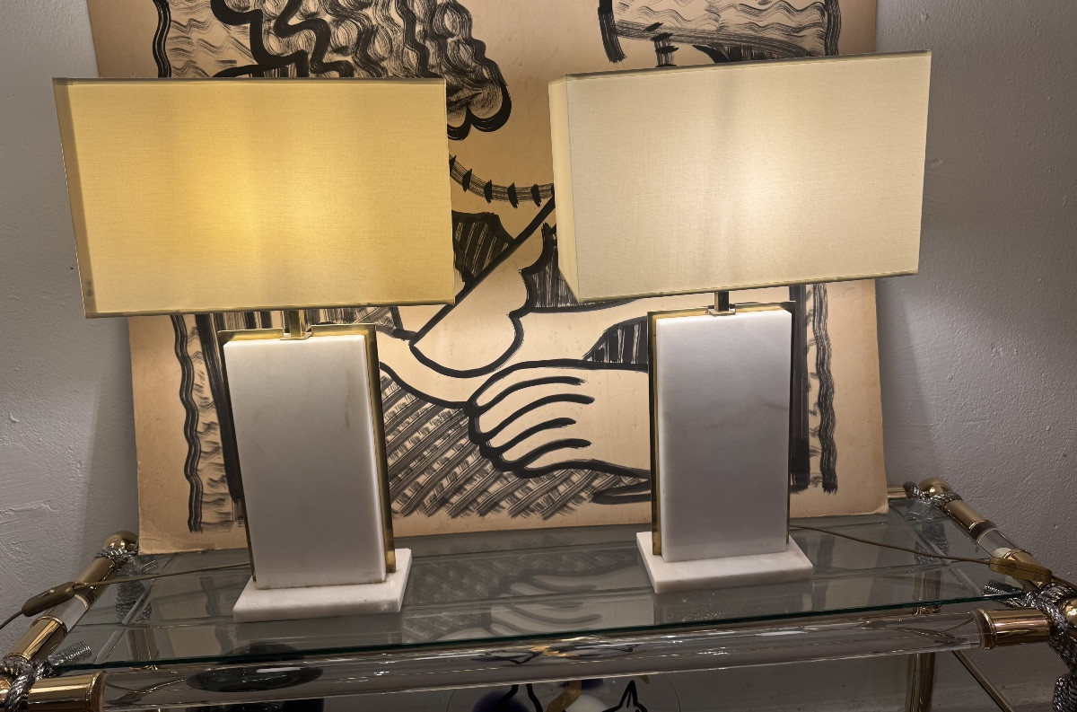 Paire de lampe en marbre blanc et laiton doré par Camille Breesch 1970