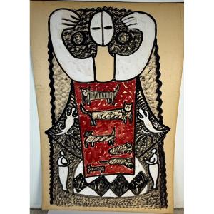 Gouache On Cardboard By Belkis Art Brut 